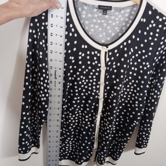 Talbots Medium Cardigan Sweater, Black/White Polka Dot, 3/4 Sleeve, Light Weight - Picture 14 of 16